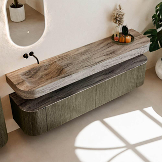 MONDIAZ THOR-DLUX 200cm meuble de salle de bains arrondi gauche + droite couleur Shadow avec 2 tiroirs et 2 portes. Vasque suspendue CLOUD Gauche sans trou de robinet couleur Oza.