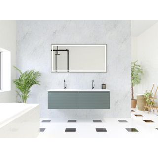 HR Matrix ensemble meuble de salle de bain 3d 140cm 2 tiroirs sans poignée avec bandeau de poignée couleur pétrole mat avec lavabo fin 2 trous de robinetterie blanc mat