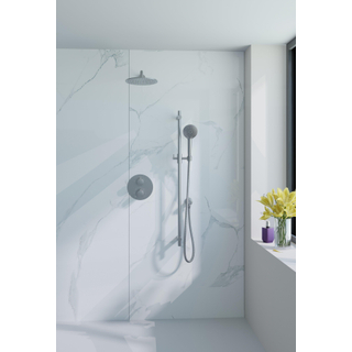 Fortifura Calvi Inbouw Regendoucheset - rond - thermostatisch - wandarm - glijstang - 25cm hoofddouche - ronde handdouche - metalen slang - Geborsteld RVS PVD (RVS)