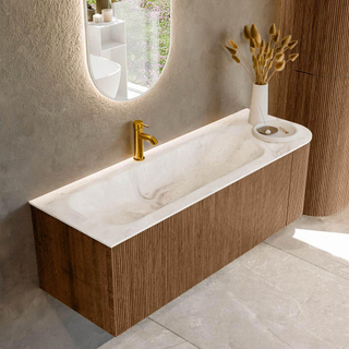 MONDIAZ KURVE-DLUX 135cm Meuble salle de bain avec module 25 D - couleur Walnut - 1 tiroir - 1 porte - vasque BIG MEDIUM gauche - 1 trou de robinet - couleur Frappe