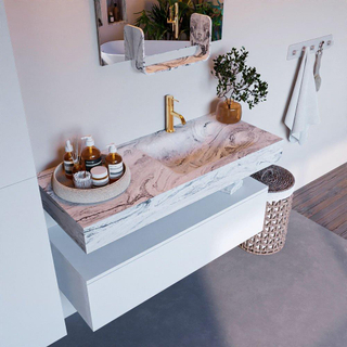 Mondiaz ALAN-DLUX Ensemble de meuble - 110cm - meuble Talc mat - 1 tiroir - Lavabo Cloud Glace suspendu - vasque Droite - 1 trou de robinet