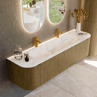 Mondiaz KURVE-DLUX Badkamermeubelset - 170x46x40cm - 1 lade - 2 deuren - wastafel solid surface - midden - 2 kraangaten - Dusk