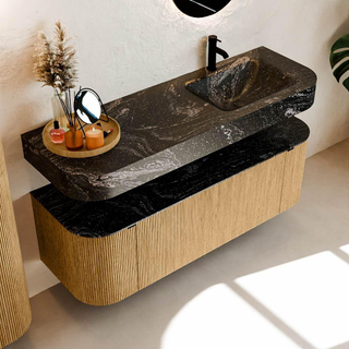 MONDIAZ THOR-DLUX 140cm meuble de salle de bains arrondi gauche + droite couleur Oak avec 1 tiroir et 2 portes. Vasque suspendue CLOUD Droite 1 trou de robinet couleur Lava.