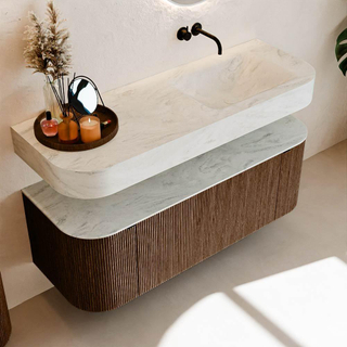 MONDIAZ THOR-DLUX 130cm meuble de salle de bains arrondi gauche + droite couleur Walnut avec 1 tiroir et 2 portes. Vasque suspendue CLOUD Droite sans trou de robinet couleur Opalo.