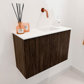 Mondiaz JOYA 60cm meuble de toilette - couleur Walnut - Lavabo FAYE position Droite Sans trou de robinet couleur Talc.