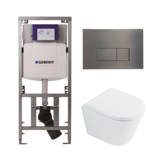 QeramiQ Dely Toiletset - 36.3x51.7cm - diepspoel - rimless - Geberit UP320 inbouwreservoir - met Burda frame - softclose toilet zitting 35 mm - gunmetal bedieningsplaat - rechthoekige knoppen - wit glans