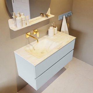 Mondiaz VICA-DLUX ensemble de meuble de salle de bain - 100cm - meuble sous-vasque argile - 2 tiroirs - lavabo encastré nuage gauche - sans trous de robinet - version haute 60cm - ostra