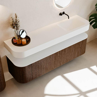 MONDIAZ THOR 170cm meuble de salle de bains arrondi gauche + droite couleur Walnut avec 1 tiroir et 2 portes. Vasque suspendue CLOUD Droite sans trou de robinet couleur Talc.