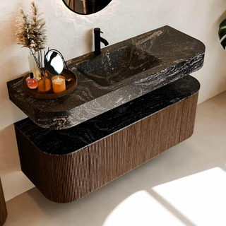 MONDIAZ THOR-DLUX Meuble de salle de bains 130cm arrondi gauche + droite couleur Walnut avec 1 tiroir et 2 portes. Vasque suspendue CLOUD Milieu 1 trou de robinet couleur Lava.