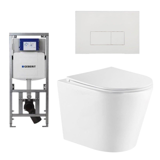 QeramiQ Dely Toiletset - 36.3x51.7cm - diepspoel - rimless - Geberit UP320 Burda inbouwreservoir - softclose toiletzitting - mat witte bedieningsplaat - rechtehoekige knoppen - wit mat