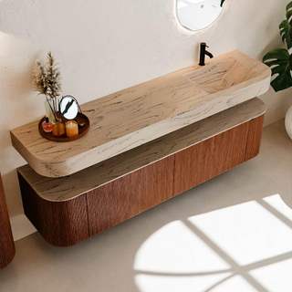 MONDIAZ THOR-DLUX 190cm meuble de salle de bains arrondi gauche + droite couleur Ruby avec 2 tiroirs et 2 portes. Vasque suspendue CLOUD Droite 1 trou de robinet couleur Arena.