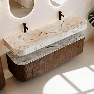 MONDIAZ THOR-DLUX 160cm meuble de salle de bains arrondi gauche + droite couleur Walnut avec 1 tiroir et 2 portes. Vasque suspendue CLOUD Double 2 trous de robinet couleur Glace.