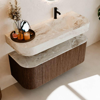 MONDIAZ THOR-DLUX 120cm meuble de salle de bains arrondi gauche + droite couleur Walnut avec 1 tiroir et 2 portes. Vasque suspendue CLOUD Droite 1 trou de robinet couleur Frappe.