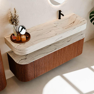 MONDIAZ THOR-DLUX 150cm meuble de salle de bains arrondi gauche + droite couleur Ruby avec 1 tiroir et 2 portes. Vasque suspendue CLOUD Droite 1 trou de robinet couleur Nata.