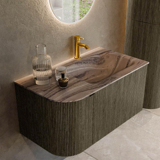 MONDIAZ KURVE-DLUX 85cm badmeubel ronding Links kleur Shadow met 1 lade en 1 deur. Wastafel CLOUD Rechts 1 kraangat Sombra.