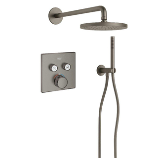 Grohe - Adema Rise Ensemble de douche pluie - carré - coude mural avec support de douchette - flexible de douche lisse - douchette à main barre - bras mural - douchette de tête 25 cm - thermostat encastré Grohe SmartControl - graphite dur brossé