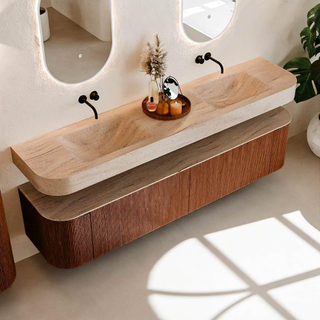 MONDIAZ THOR-DLUX Meuble de salle de bains - 200cm - arrondi gauche + droite - couleur Ruby - 2 tiroirs - 2 portes - Vasque suspendue CLOUD Double sans trou de robinet - couleur Saba