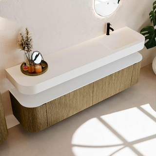 MONDIAZ THOR Meuble de salle de bains 190cm arrondi gauche + droite couleur Dusk avec 2 tiroirs et 2 portes. Vasque suspendue CLOUD Droite 1 trou de robinet couleur Talc.