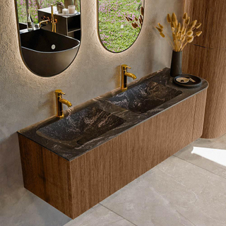 MONDIAZ KURVE-DLUX 145cm Meuble salle de bain avec module 25 D - couleur Walnut - 1 tiroir - 1 porte - vasque LEAF double / gauche - 2 trous de robinet - couleur Lava