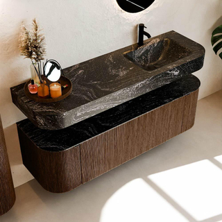 MONDIAZ THOR-DLUX 150cm meuble de salle de bains arrondi gauche + droite couleur Walnut avec 1 tiroir et 2 portes. Vasque suspendue CLOUD Droite 1 trou de robinet couleur Lava.