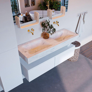 Mondiaz ALAN-DLUX Ensemble de meuble - 130cm - meuble Talc mat - 2 tiroirs - Lavabo Cloud Opalo suspendu - vasque Gauche et droite - 0 trous de robinet
