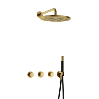 Hotbath Cobber IBS70 complete thermostatische douche inbouwset met 2 stopkranen met 38.5cm wandarm 30cm ronde hoofddouche staafhanddouche messing geborsteld PVD TWEEDEKANS