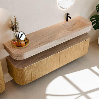 MONDIAZ THOR-DLUX 180cm badmeubel ronding links + rechts kleur Oak met 2 lades en 2 deuren. Vrijhangende wastafel CLOUD Rechts 1 kraangat kleur Saba.