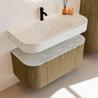 MONDIAZ THOR-DLUX Meuble de salle de bains - 100cm - arrondi gauche + droite - couleur Dusk - 1 tiroir - 2 portes - Vasque suspendue CLOUD Milieu 1 trou de robinet couleur Opalo