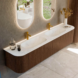 MONDIAZ KURVE-DLUX 200cm Meuble salle de bain avec module 25 G et D - couleur Walnut - 2 tiroirs - 2 portes - vasque STOR SMALL double - 2 trous de robinet - couleur Opalo