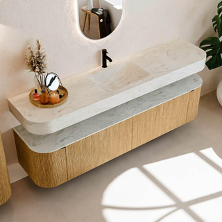 MONDIAZ THOR-DLUX Meuble de salle de bains - 190cm - arrondi gauche + droite - couleur Oak - 2 tiroirs - 2 portes - Vasque suspendue CLOUD centrale 1 trou de robinet - couleur Opalo