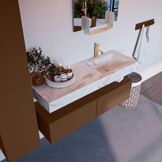 Mondiaz ALAN-DLUX Ensemble de meuble - 130cm - meuble Rust mat - 2 tiroirs - Lavabo Cloud Frappe suspendu - vasque Droite - 1 trou de robinet