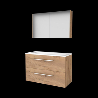 Basic-Line ensemble de meubles de salle de bain comfort 46 100x46cm avec poignées 2 tiroirs lavabo acrylique 2 trous de robinetterie armoire de toilette mfc whisky oak