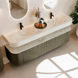 MONDIAZ THOR-DLUX Meuble de salle de bains - 190cm - arrondi gauche + droite - couleur Shadow - 2 tiroirs et 2 portes - Vasque suspendue CLOUD Double 2 trous de robinet - couleur Ostra