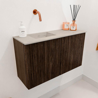 Mondiaz JOYA-DLUX 70cm toiletmeubel - kleur Walnut - Wastafel FAYE positie Links Zonder kraangat kleur Opalo.