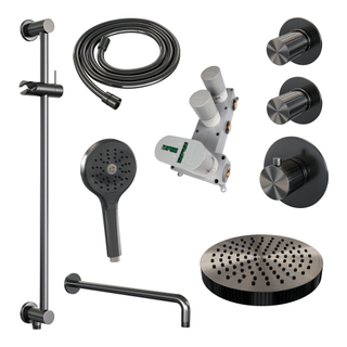 BRAUER Stripe Thermostatische Inbouw Regendouche - SET 11 - 25cm douchekop - gebogen muurarm - 3-standen handdouche - doucheslang - geïntegreerde glijstang - gunmetal geborsteld PVD