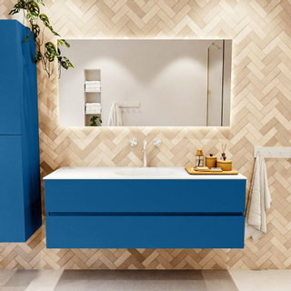 Mondiaz VICA ensemble de meuble de salle de bain - 140cm - meuble sous-vasque jeans - 2 tiroirs - lavabo moon milieu - 1 trou de robinet - couleur talc - miroir LED - version XL 60cm haut