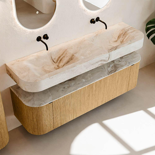 MONDIAZ THOR-DLUX 160cm meuble de salle de bains arrondi gauche + droite couleur Oak avec 1 tiroir et 2 portes. Vasque suspendue CLOUD Double sans trou de robinet couleur Frappe.