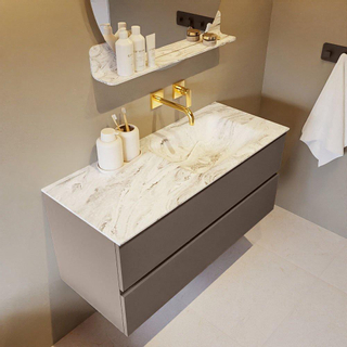 Mondiaz VICA-DLUX ensemble de meuble de salle de bain - 110cm - meuble sous-vasque fumée - 2 tiroirs - lavabo encastré cloud droite - sans trous de robinet - version haute de 60cm - glace