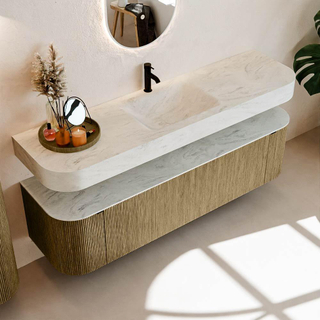 MONDIAZ THOR-DLUX Meuble de salle de bains 170cm arrondi gauche + droite couleur Dusk avec 1 tiroir et 2 portes. Vasque suspendue CLOUD Milieu 1 trou de robinet couleur Opalo.