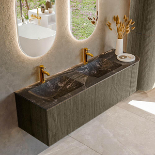 Mondiaz KURVE-DLUX Ensemble de meuble salle de bain - 155x46x40cm - 2 tiroirs - 1 porte - lavabo en solid surface - double / gauche - 2 trous de robinet - Shadow