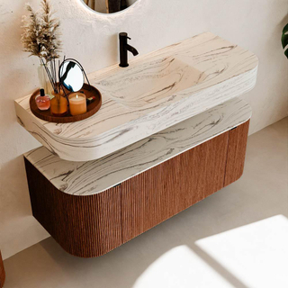 MONDIAZ THOR-DLUX 120cm meuble de salle de bains arrondi gauche + droite couleur Ruby avec 1 tiroir et 2 portes. Vasque suspendue CLOUD Milieu 1 trou de robinet couleur Nata.