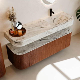 MONDIAZ THOR-DLUX 150cm meuble de salle de bains arrondi gauche + droite couleur Ruby avec 1 tiroir et 2 portes. Vasque suspendue CLOUD Droite 1 trou de robinet couleur Glace.