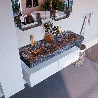 Mondiaz ALAN-DLUX Ensemble de meuble - 130cm - meuble Talc mat - 2 tiroirs - Lavabo Cloud Lava suspendu - vasque gauche et droite - 2 trous de robinet