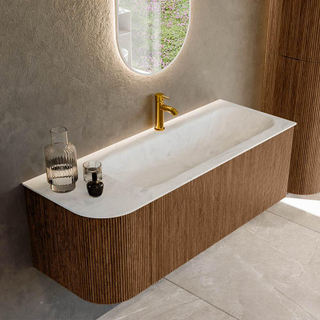 MONDIAZ KURVE-DLUX 125cm Meuble salle de bain avec module 25 G - couleur Walnut - 1 tiroir - 1 porte - vasque BIG MEDIUM droite - 1 trou de robinet - couleur Opalo