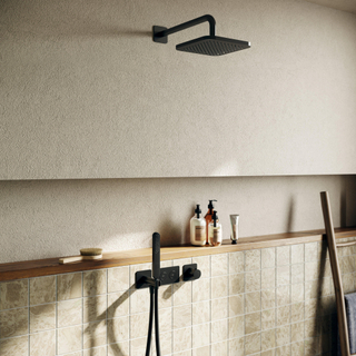 Hotbath Gal Complete doucheset inbouw - thermostatisch - 2 pushbuttons - 35cm wandarm - 22cm vierkante hoofddouche - staafhanddouche - zwart mat SHOWROOMMODEL