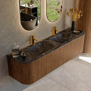 MONDIAZ KURVE-DLUX 170cm Meuble salle de bain avec module 25 G et D - couleur Walnut - 1 tiroir - 2 portes - vasque LEAF double - 2 trous de robinet - couleur Lava