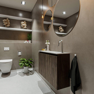 MONDIAZ TURE Kit lave-mains - 80x23x50cm - 1 trou de robinet - 2 portes - marron foncé mat - Lavabo à droite - Solid Surface Blanc
