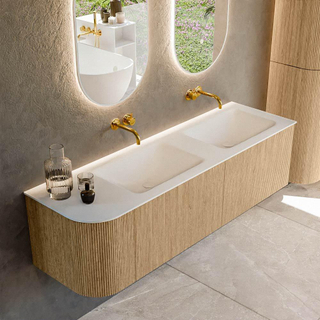 MONDIAZ KURVE 155cm Meuble salle de bain avec module 25 G - couleur Oak - 2 tiroirs - 1 porte - vasque CLOUD double / droite - sans trous de robinet - Talc