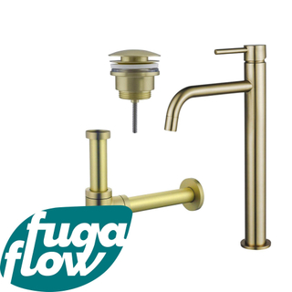 FugaFlow Eccelente Sobrado Badkamer Slim Wastafelkraanset - verhoogde wastafelkraan - klikwaste plug - design sifon - PVD Geborsteld Messing