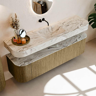 MONDIAZ THOR-DLUX Meuble de salle de bains - 170cm - arrondi gauche + droite - couleur Dusk - 1 tiroir - 2 portes - Vasque suspendue CLOUD Milieu sans trou de robinet - couleur Glace